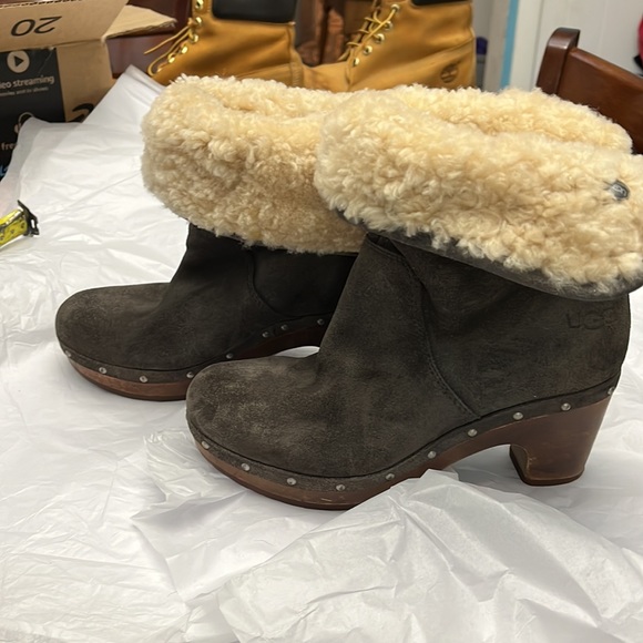UGG Lynnea Shearling Studded Boots, Charcoal gray suede, wooden heels - Picture 5 of 12